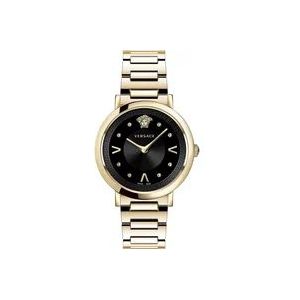 Versace Chique Goud Stalen Armband Zwart Horloge , Yellow , Dames , Maat: ONE Size