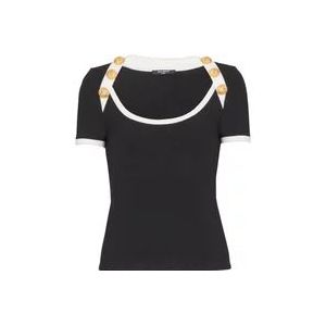 Balmain Twee-tone T-shirt met knoopdetails , Black , Dames , Maat: XS