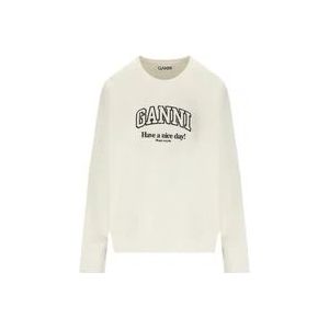 Ganni Geborsteld Katoen Logo Sweatshirt , White , Dames , Maat: L/Xl