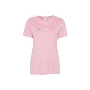 Pinko Geborduurd Logo Roze T-shirts en Polos , Pink , Dames , Maat: XS