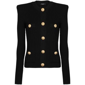 Balmain Geknipte eco-ontworpen gebreide vest met goudkleurige knopen , Black , Dames , Maat: 2XS