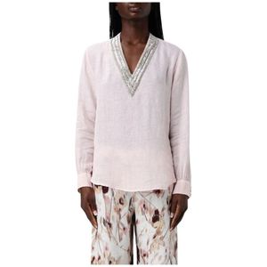 120% Lino, Dames, Blouses & Shirts, Roze, Maat: M Linnen,