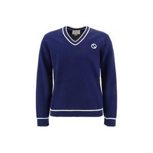 Gucci Blauwe Logo Patched V-Neck Sweater , Blue , Heren , Maat: L