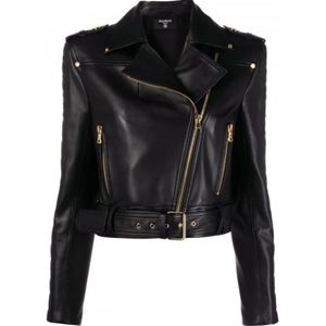 Balmain Gewatteerde Leren Biker Jas , Black , Dames , Maat: XS