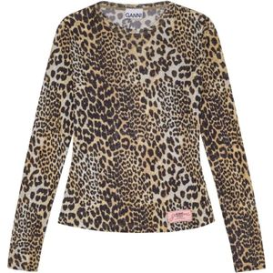 Ganni - Luipaardprint Top - Bruin - 100% Polyester - Lange Mouwen