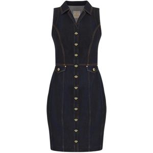 Bodycon - Denim Jurk - Blauw - Mouwloos - Knoopsluiting - Zakken met Klep