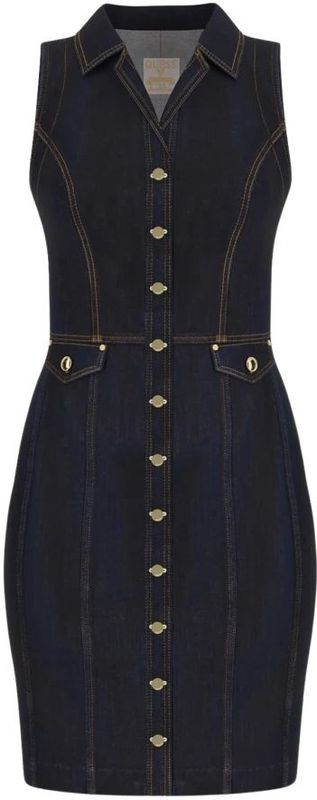 Bodycon - Denim Jurk - Blauw - Mouwloos - Knoopsluiting - Zakken met Klep