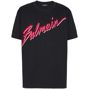 Balmain T-shirt met flock-letterlogo , Black , Heren , Maat: 2XS