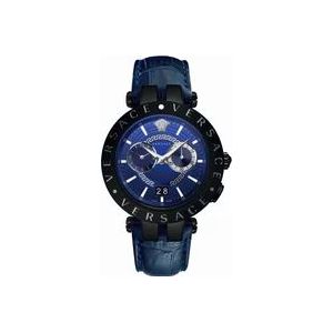 Versace Nieuw V-Race Dual Time Leren Horloge , Blue , Heren , Maat: ONE Size