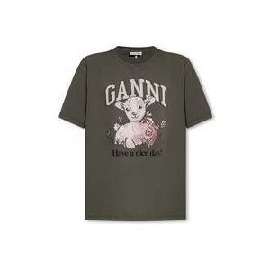 Ganni T-shirt met logo , Gray , Dames , Maat: XS
