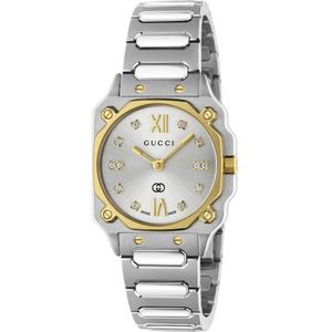 Gucci Ya166503 - G-Flat 24mm roestvrijstalen kast met 18kt geelgoud vergulde lunet en schroeven; Zilver gegalvaniseerde wijzerplaat met Romeinse indexen om 12 en 6 uur en diamantindexen; Roestvrijstalen armband , Gray , Dames , Maat: ONE Size