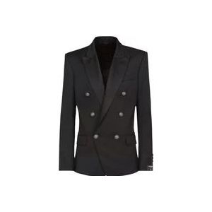 Balmain Wollen blazer met dubbelrijige zilverkleurige knoopsluiting , Black , Heren , Maat: XL