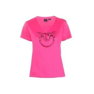 Pinko Korte Mouw Fuchsia Love Birds T-Shirt - L , Pink , Dames , Maat: M