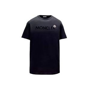 Moncler Crew Neck T-shirt Navy Katoen Logo , Blue , Heren , Maat: L