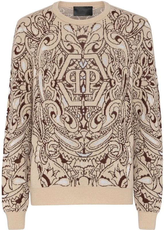 Philipp Plein - Cashmere & Silk Pullover - Beige - Ronde Hals - Paisley Jacquard