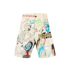 Dsquared2 Multicolor Graffiti Print Knielengte Beige Chino Shorts , Multicolor , Heren , Maat: S