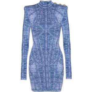 Balmain Korte jacquard gebreide jurk met denim effect , Blue , Dames , Maat: S