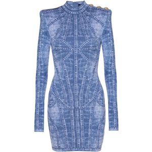 Balmain Korte jacquard gebreide jurk met denim effect , Blue , Dames , Maat: XS