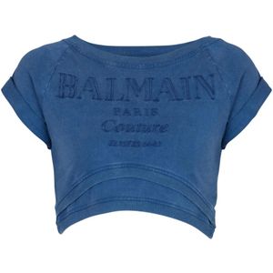 Balmain Geborduurd T-shirt van Couture , Blue , Dames , Maat: L