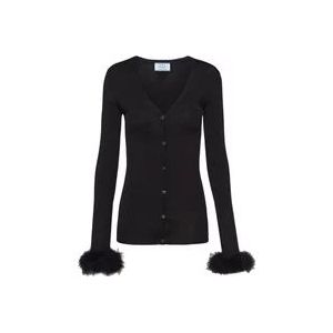 Prada Zwarte Geribbelde Zijden Cardigan met Veren Manchetten , Black , Dames , Maat: S