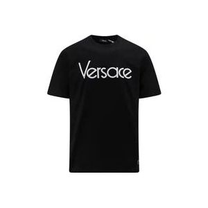 Versace Zwart Geribbeld T-shirt met Borduursel , Black , Heren , Maat: L