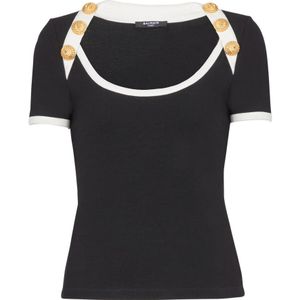 Balmain Twee-tone T-shirt met knoopdetails , Black , Dames , Maat: XL