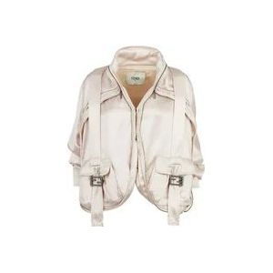 Fendi Beige Oversized Jas met Hoge Kraag en Baguette Zakken , Beige , Dames , Maat: XS