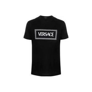 Versace Zwarte Logo Geborduurde T-shirts en Polos , Black , Heren , Maat: M