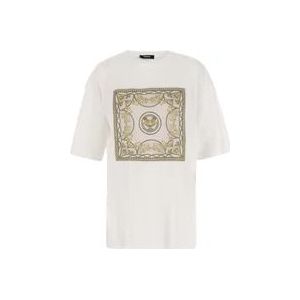 Versace Katoenen T-shirt met Sjaal-stijl Applicatie , White , Dames , Maat: M