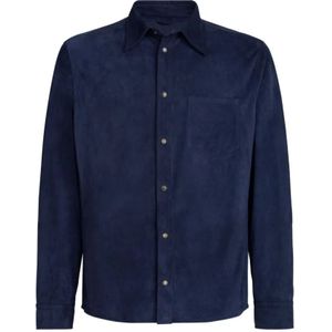 Brunello Cucinelli, Heren, Overhemden, Blauw, Maat: L Suède,