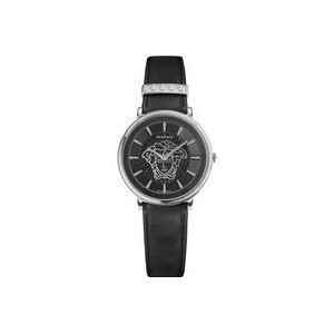 Versace Cirkel Leren Horloge Zwart , Gray , Dames , Maat: ONE Size