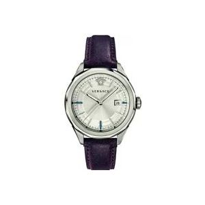 Versace Elegante Bruin Lederen Zilver Roestvrij Stalen Horloge , Gray , Heren , Maat: ONE Size