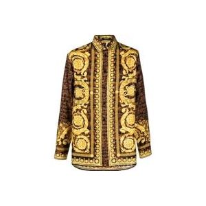 Versace Baroccodile Zijden Overhemd , Yellow , Heren , Maat: L