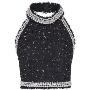 Balmain Geborduurde polka-dot tweed halternek top , Black , Dames , Maat: 2XS