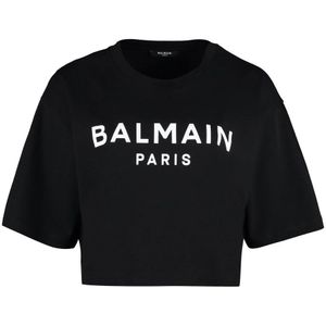 Balmain Geribbelde Katoenen Crew-Neck T-shirt , Black , Dames , Maat: XS