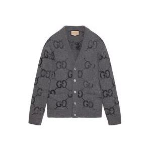 Gucci Intarsia Wol Cardigan met Monogram Patroon , Gray , Heren , Maat: L