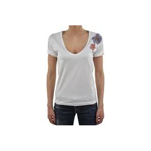 Dsquared2 Logo Katoenen T-Shirt met Bloemendetail , White , Dames , Maat: M