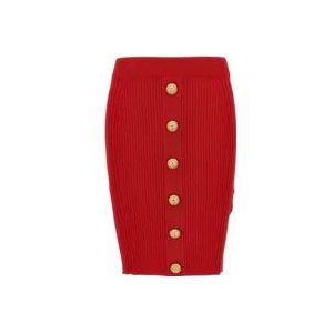 Balmain Rode Geribbelde Rok met Gouden Knoop , Red , Dames , Maat: S