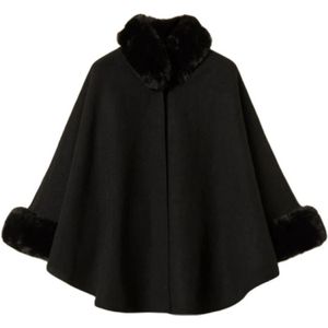 Twinset - Jassen - Zwart - Korte Poncho met Nep Bontafwerking - Oversized