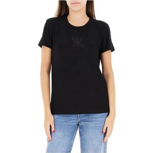 Patrizia Pepe - T-shirt - Zwart - Dames - Elegante Zwarte T-shirt met Ronde Hals
