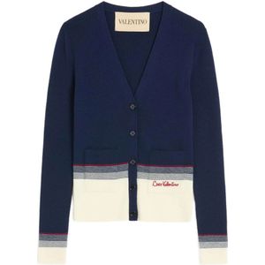 Valentino Garavani - Blauwe V-hals Sweater - Dames - Wol - Met Voorknoppen
