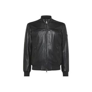 Peuterey Zwarte Bikerjas van Zacht Nappa Leer , Black , Heren , Maat: M