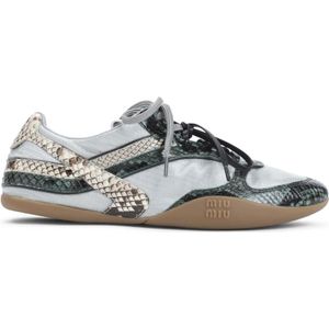 Miu Miu Low-Top Sneakers - Laced Grey Sneakers With Snake-Print Overlays in grijs