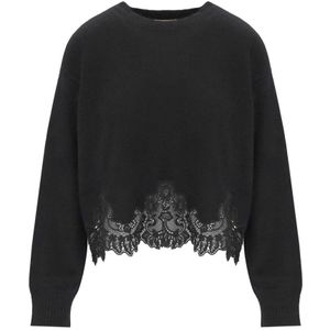 Twinset - Trui met Ronde Hals en Kanten Details - Zwart - Dames