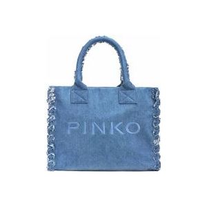 Pinko Monochrome Canvas Strand Shopper met Rafelranden , Blue , Dames , Maat: ONE Size