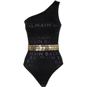 Balmain Badpak met logo print en taille riem , Black , Dames , Maat: 2XS