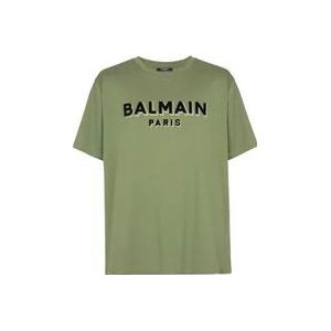 Balmain Groene Flocked Logo Crew Neck T-shirt , Green , Heren , Maat: S