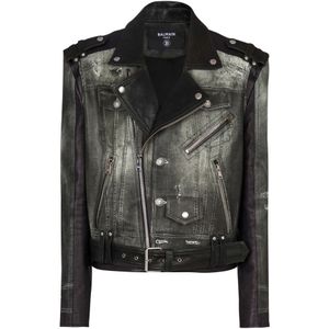 Balmain Leren motorjack met denimprint , Black , Heren , Maat: M