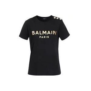 Balmain Katoenen T-shirt met logo print , Black , Dames , Maat: XS