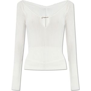 Ribbed Knit - V-hals Pullover - Wit - Sweater